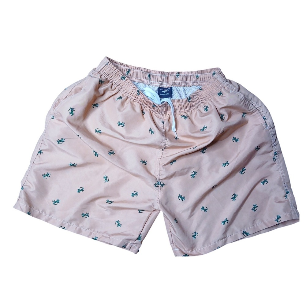 Wuhou Mens‎ Swim Trunks Peach Pink Grasshopper Print Mesh Lined Board Shorts